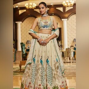 Embroidered Ivory Peacock Lehenga Set with Teal Accents